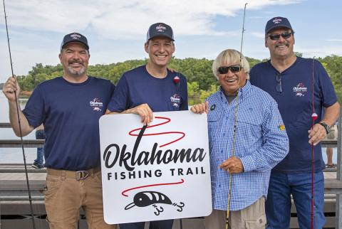 Wildlife Department Director J.D. Strong, Lt. Gov. Matt Pinnell, pro angler Jimmy Houston, and Tourism Department Executive Director Jerry Winchester.